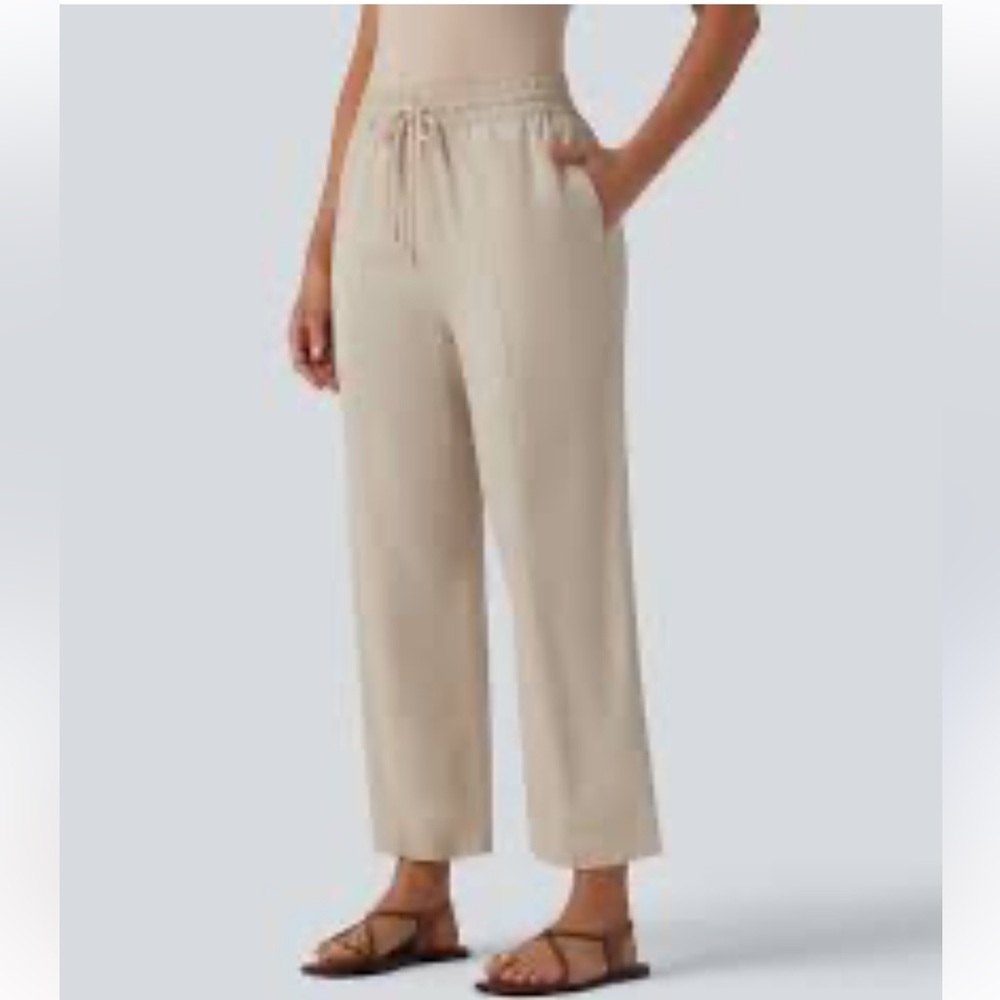 Halara / High-waisted Drawstring Tapered Linen Casual Pants size Large Beige